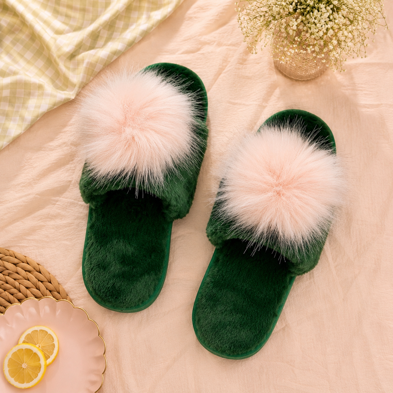 Plush Slippers in Green