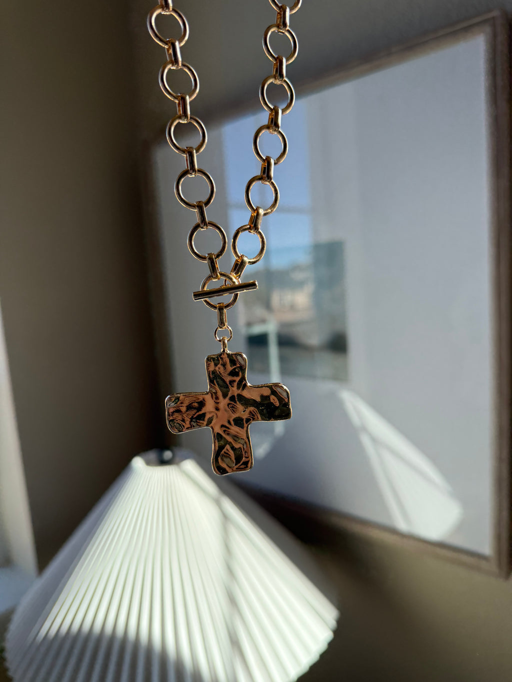 Hammered Cross Front Toggle Necklace