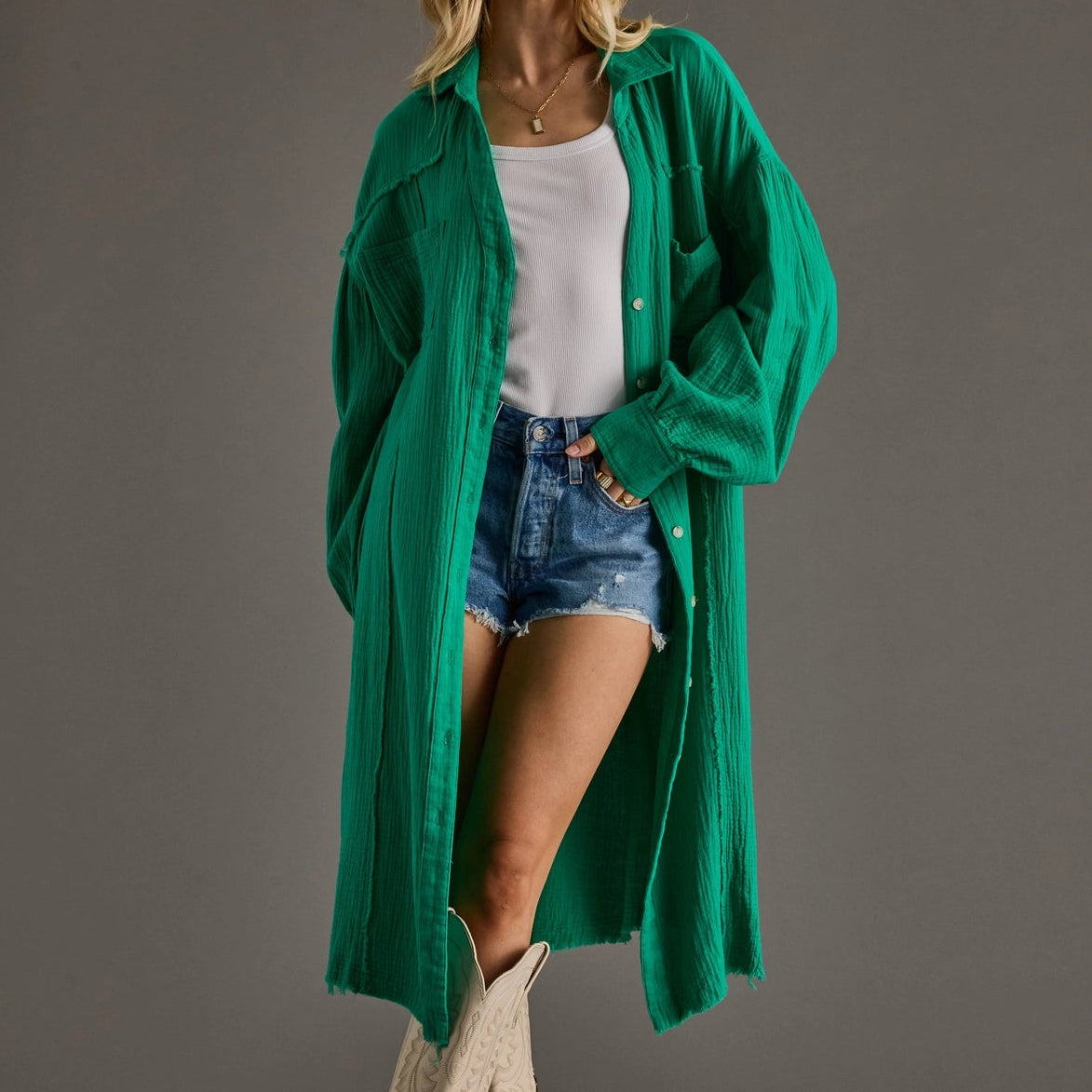 Kelly Green Gauze Long Button Up