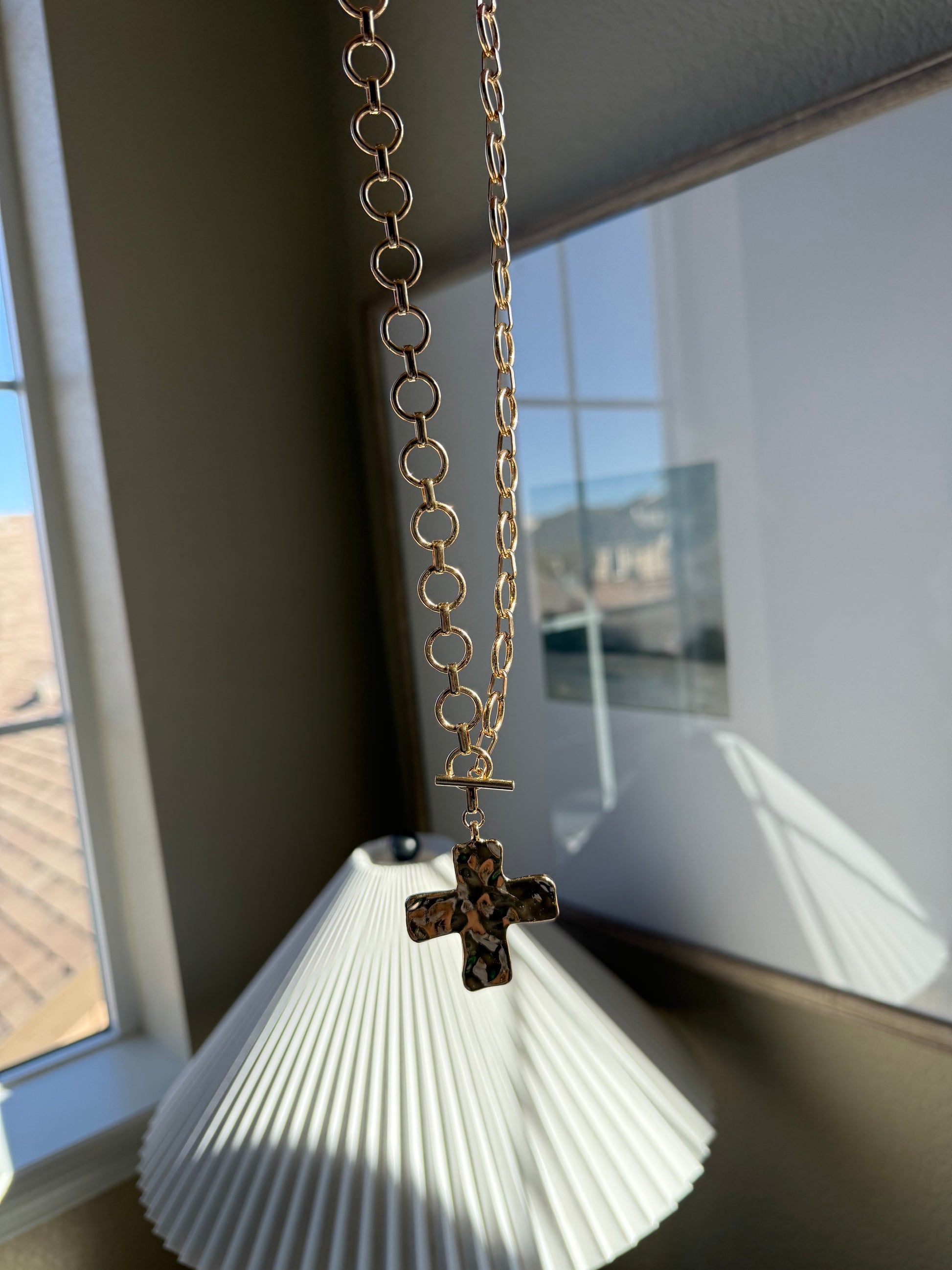 Hammered Cross Front Toggle Necklace