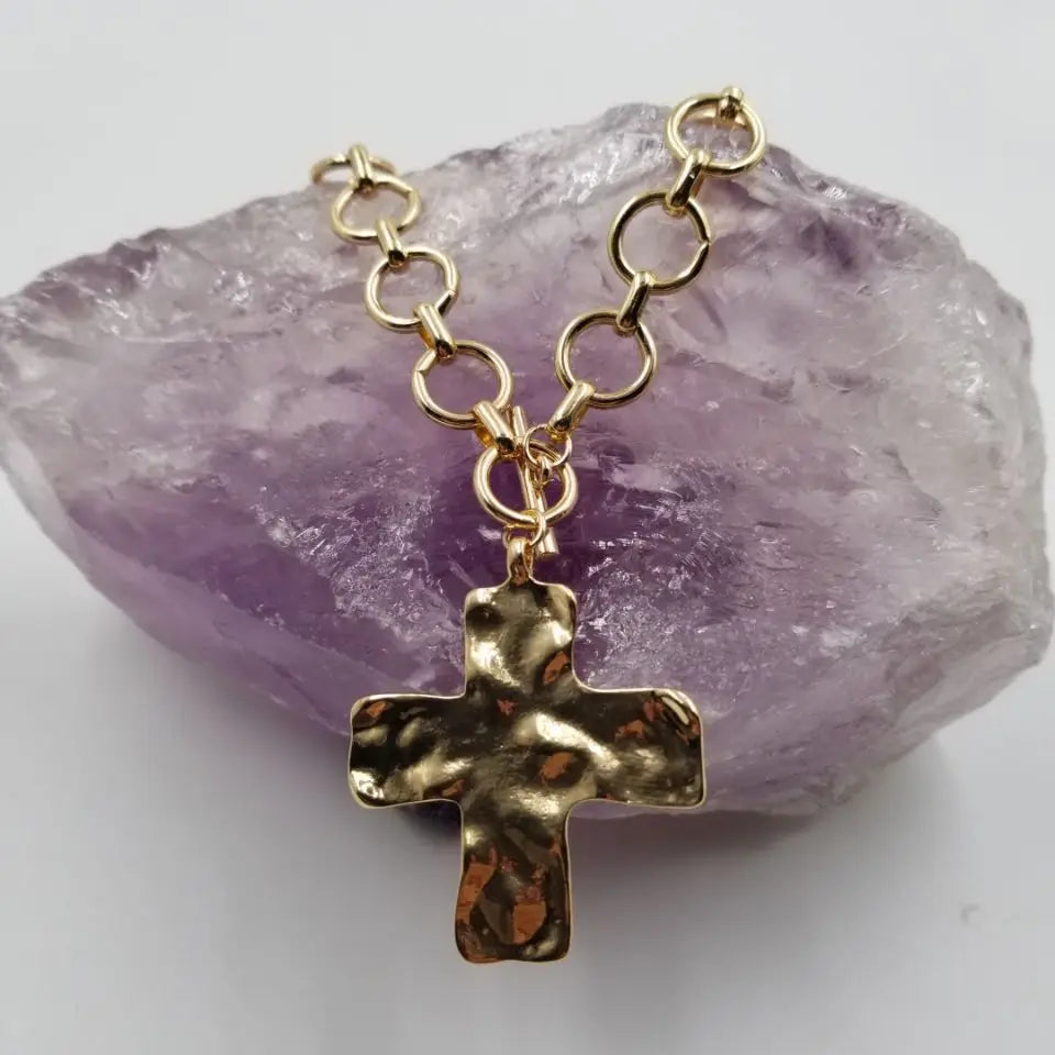 Hammered Cross Front Toggle Necklace