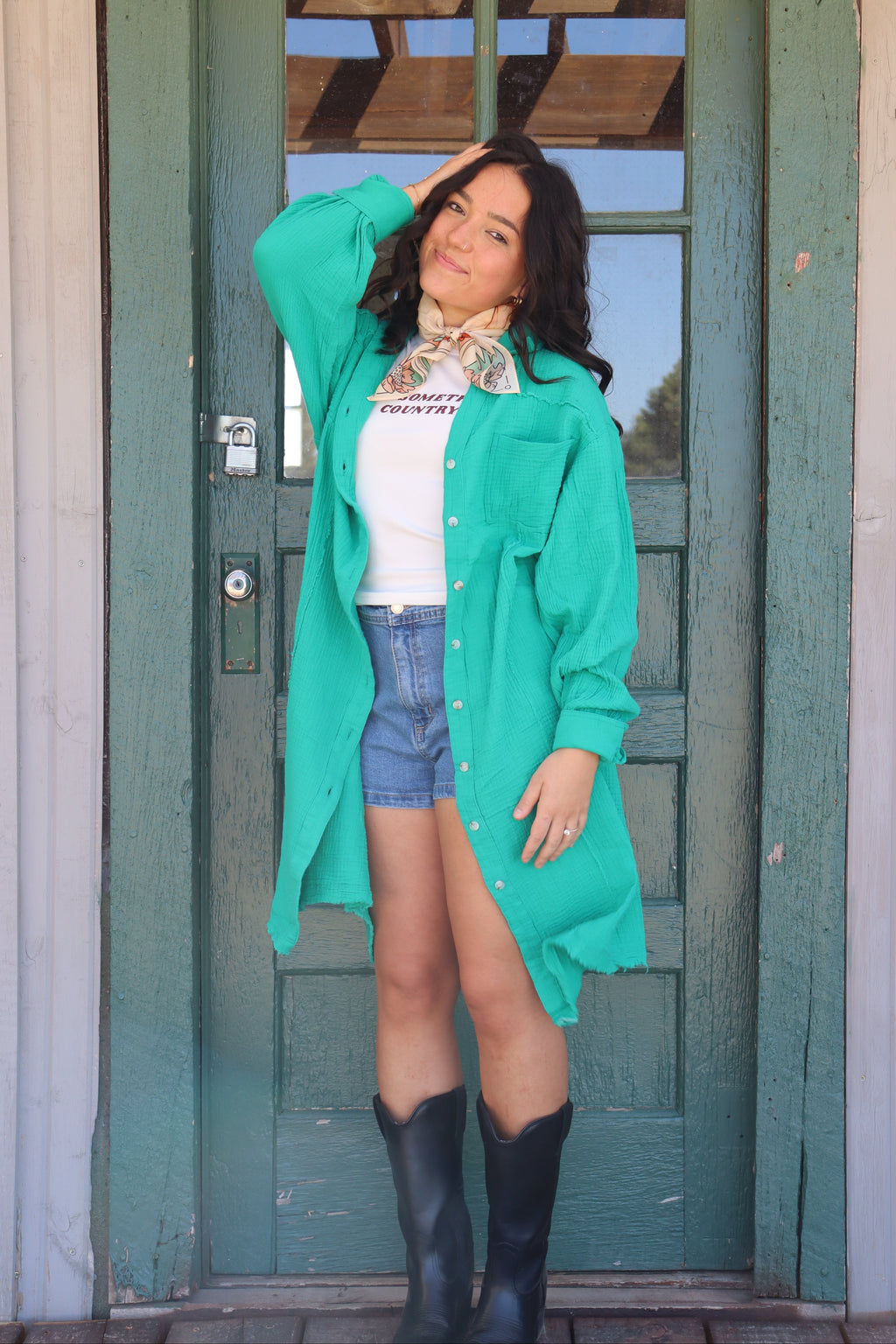 Kelly Green Gauze Long Button Up