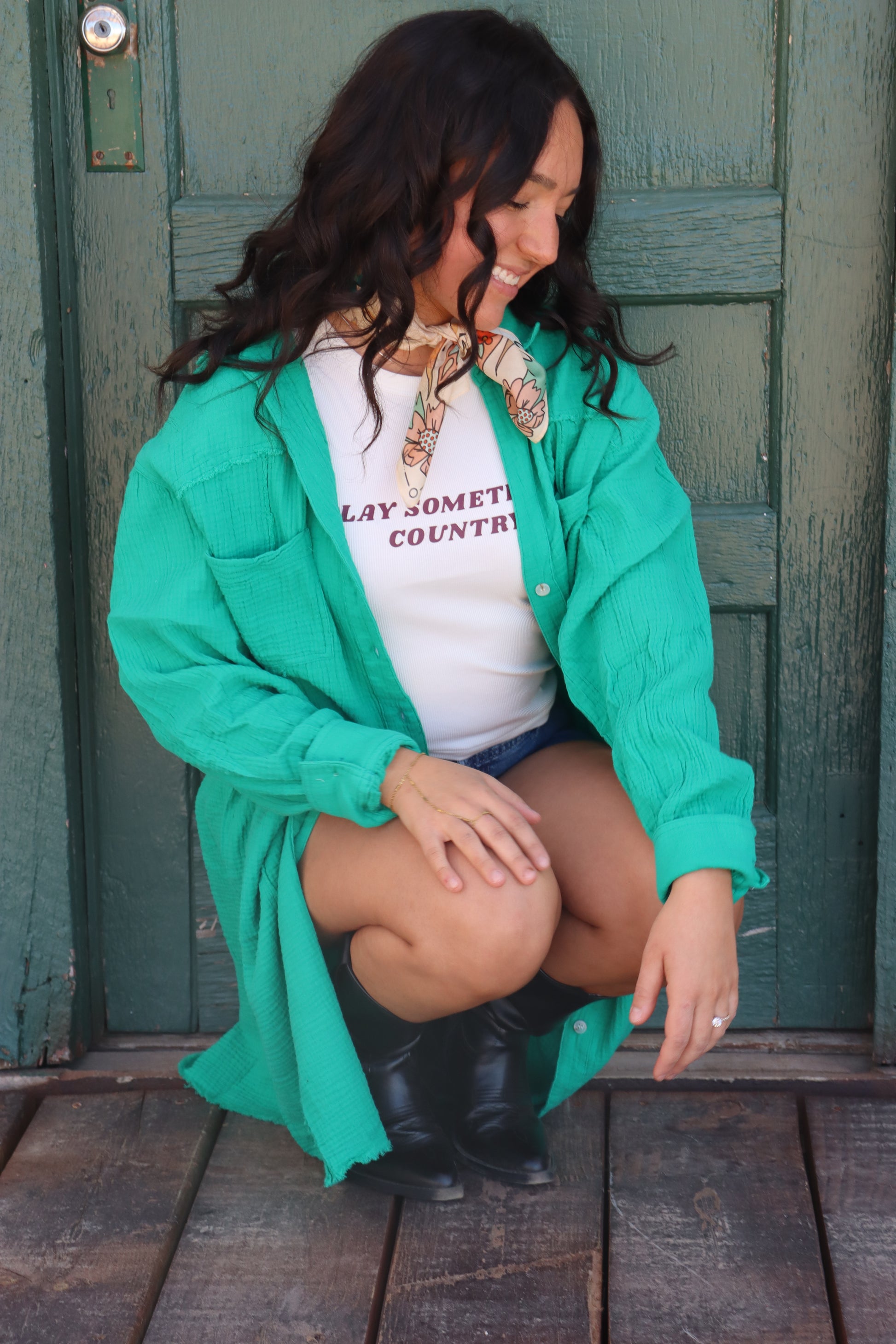 Kelly Green Gauze Long Button Up