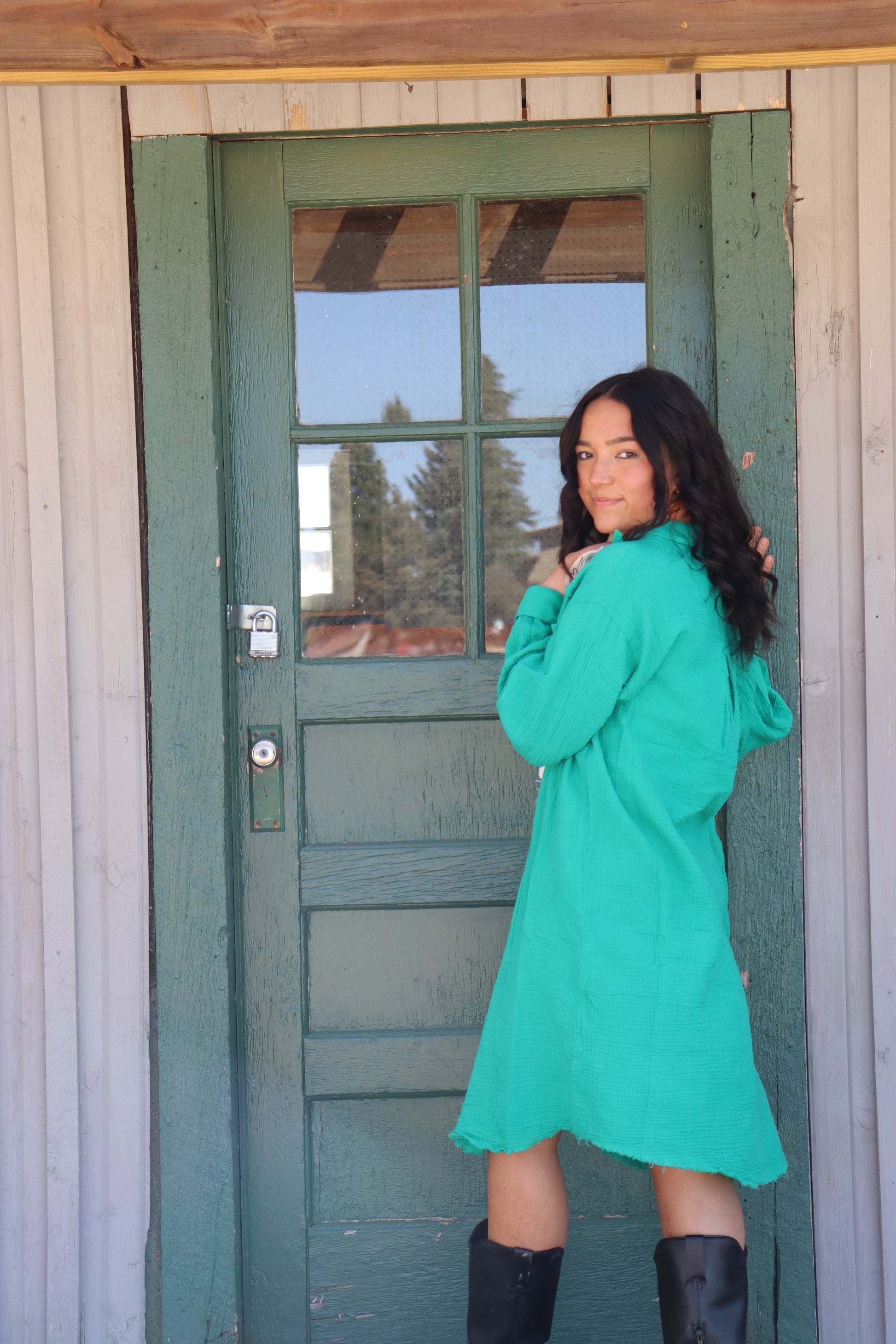 Kelly Green Gauze Long Button Up