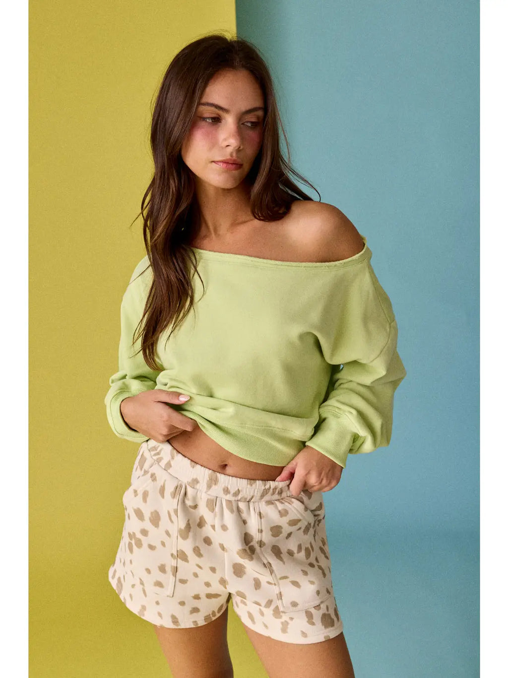Macy Off Shoulder Sweatshirt in Lime