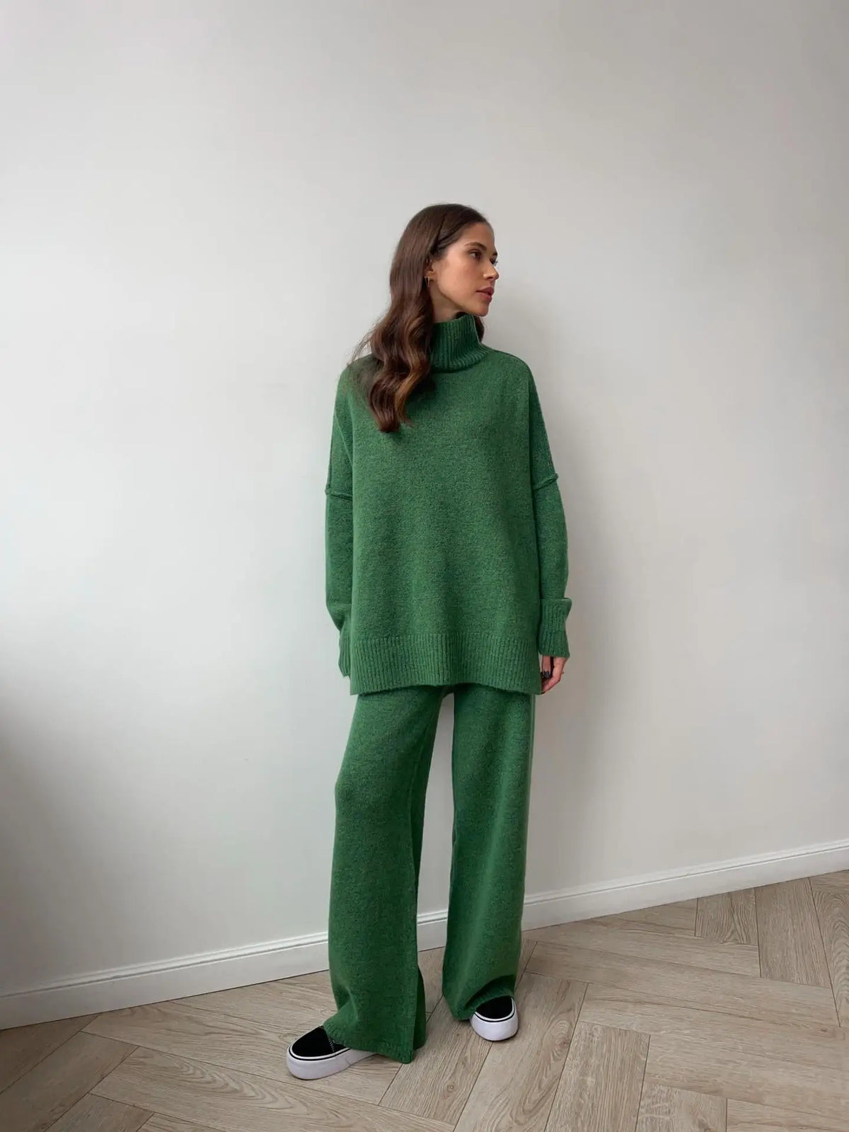 Knit Sweater and Wide Leg Pants Set in Green