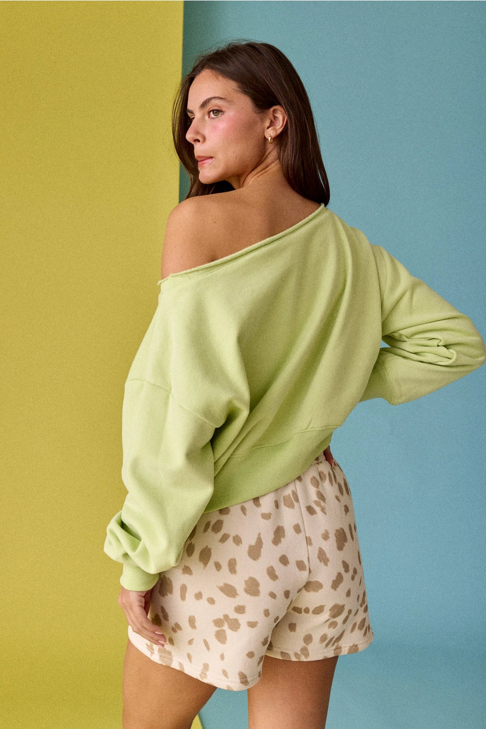 Macy Off Shoulder Sweatshirt in Lime
