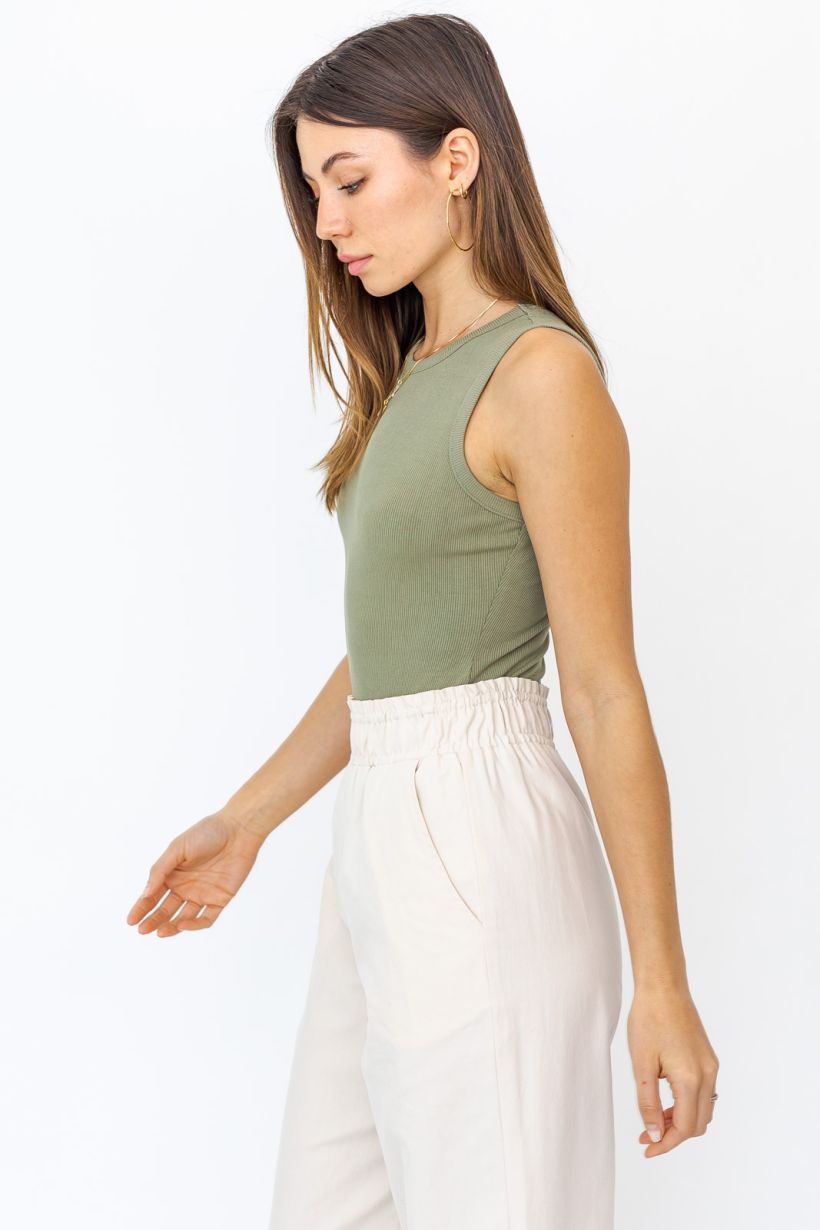 Round Neck Sleeveless Bodysuit in Light Olive