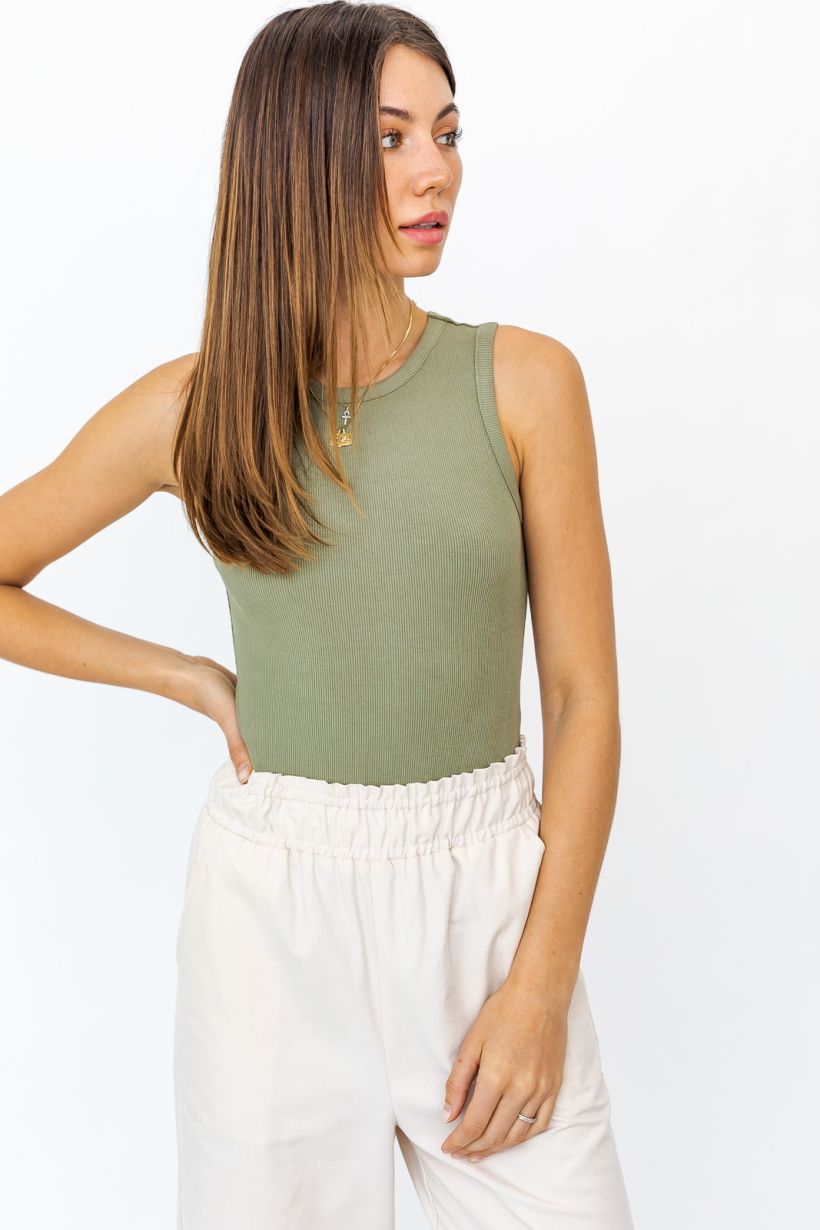 Round Neck Sleeveless Bodysuit in Light Olive